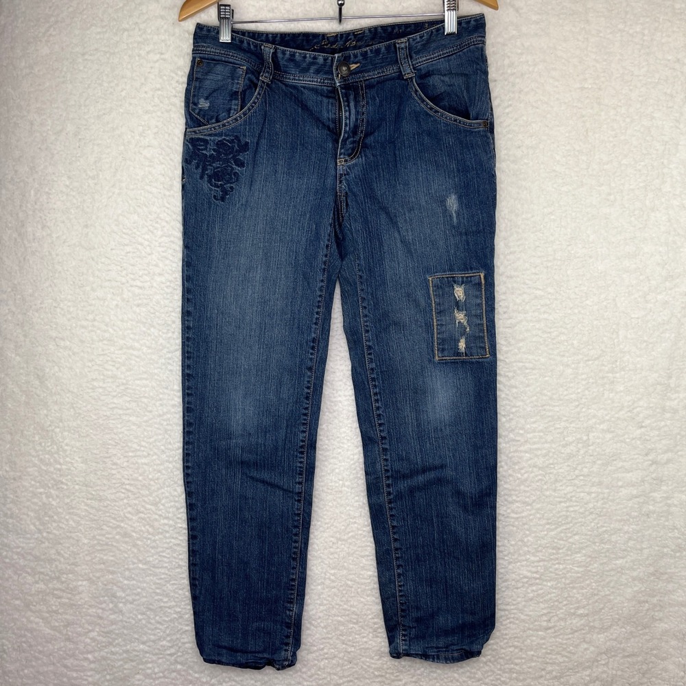 Eddie Bauer Flannel Lined Jeans Womens 6 Blue Excellent Embroidered Distressed